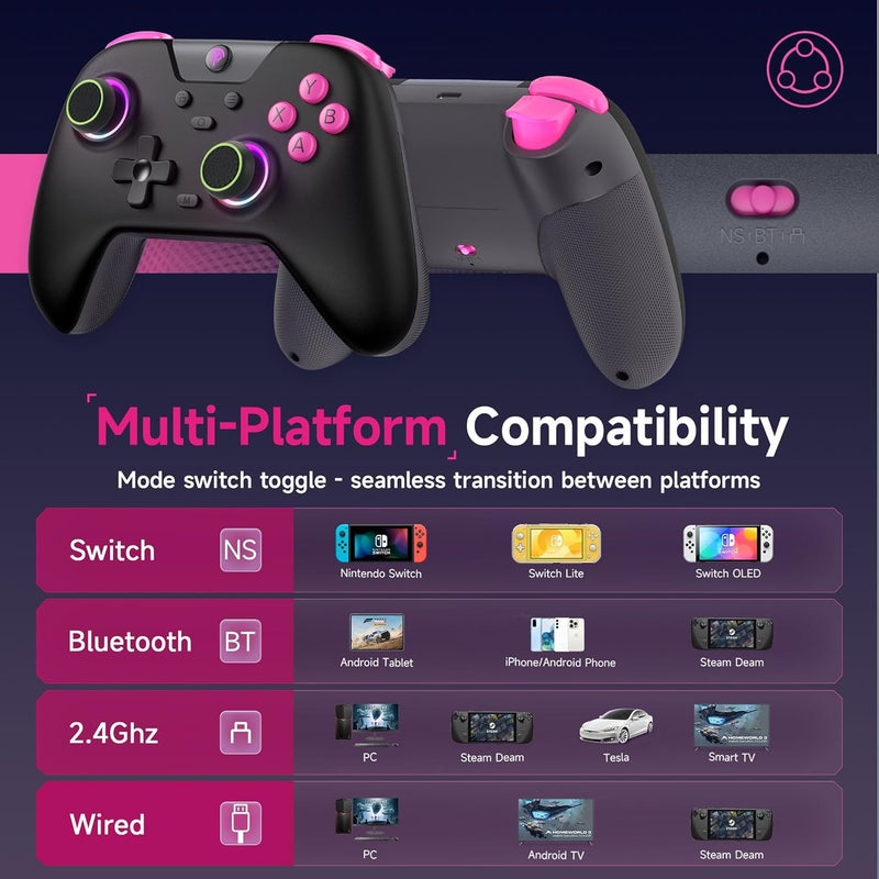 EasySMX X05 Pro Wireless PC Controller with Dual-Stage Vibration Triggers, 2 Programmable Buttons, Hall Joysticks, 1200mAh Battery, 1000Hz Polling Rate Gaming Controller for PC/Switch/Android/iOS with Silent Buttons (Black Rose Red) - Image 3